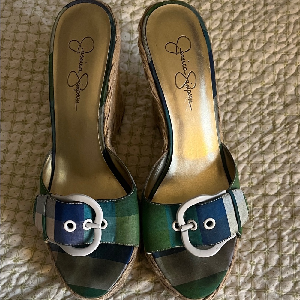Jessica Simpson Green and Blue Plaid Wedges